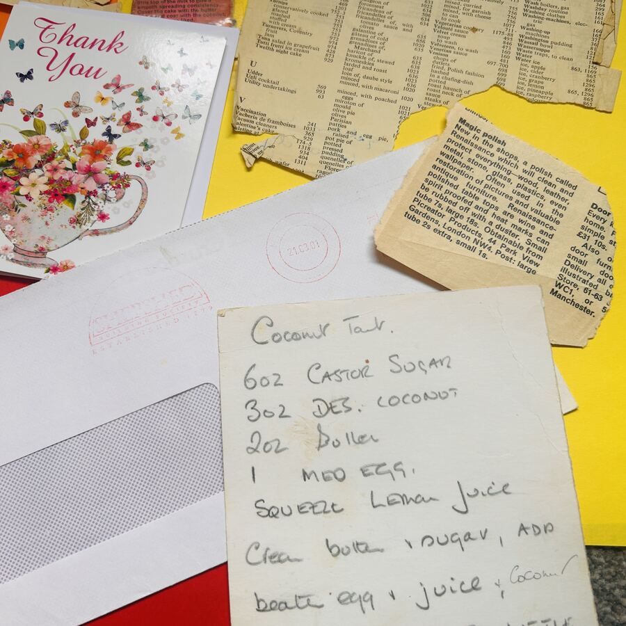 Handwritten coconut tart recipe on cream paper, dated 2001