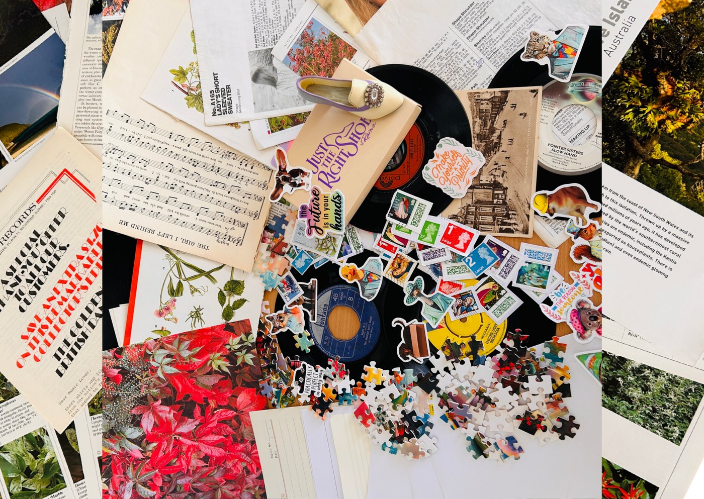 Large Pack cover &mdash; the full mix of stamps, vinyl records, sheet music, postcards, puzzle pieces, stickers and vintage papers