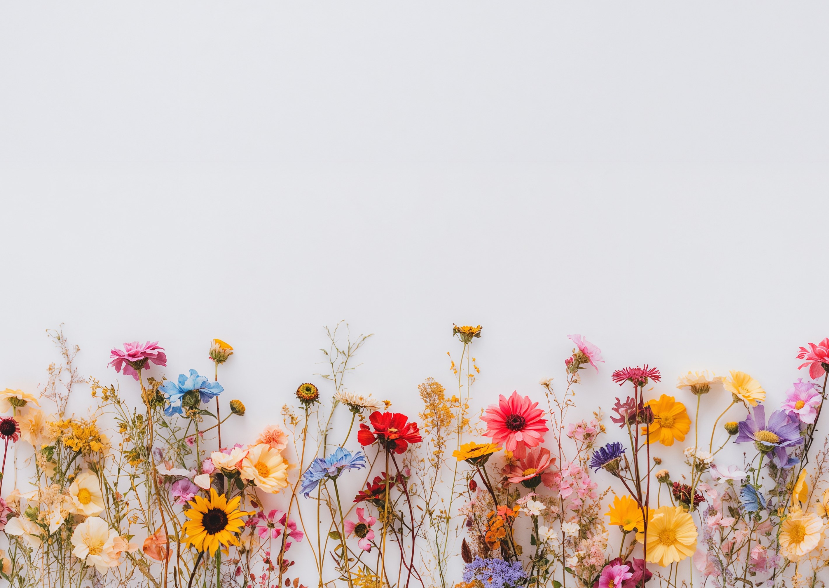 A hand-arranged mix of wildflowers &mdash; pink zinnias, sunflowers, cornflowers and daisies against a soft white background