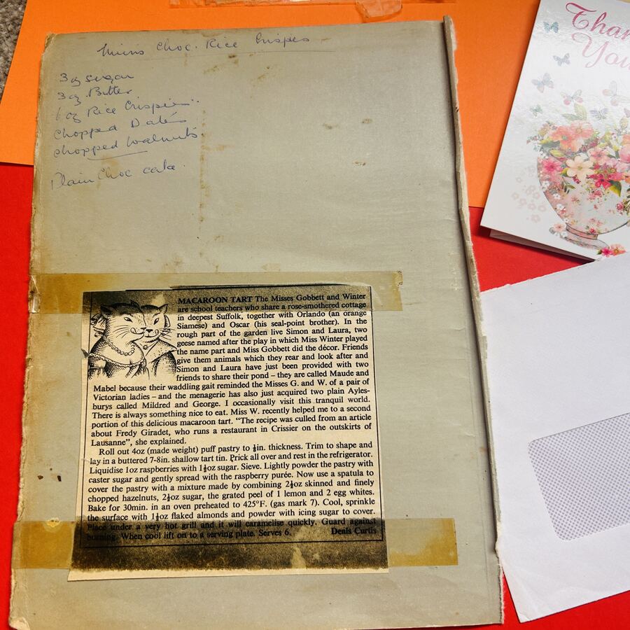 Vintage macaroon-tart newspaper clipping stuck to card