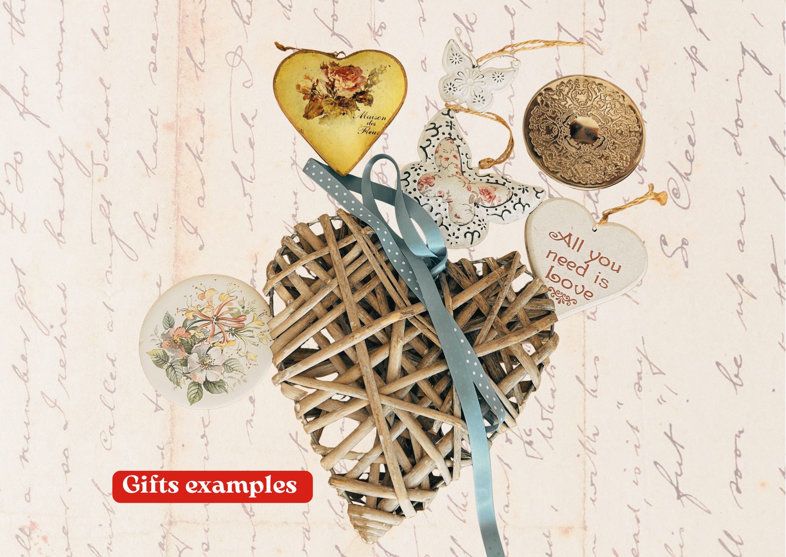 Rescued little gifts — wicker heart, ornaments and hanging keepsakes
