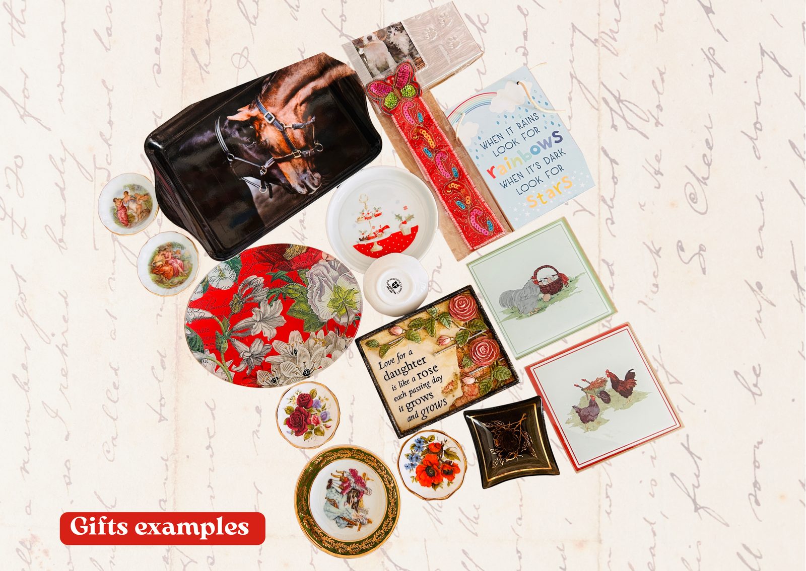 Rescued little gifts — a horse tray, vintage plates and small trinket dishes