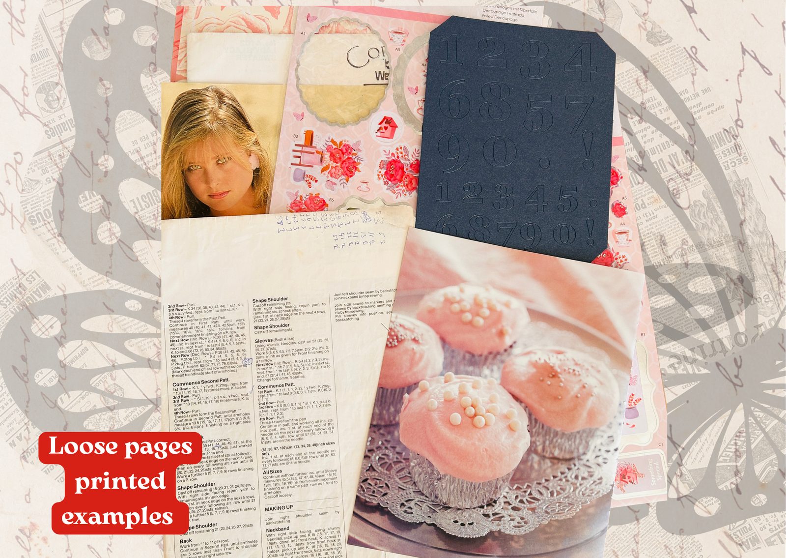 Loose printed pages — vintage knitting patterns and a pink cupcake spread