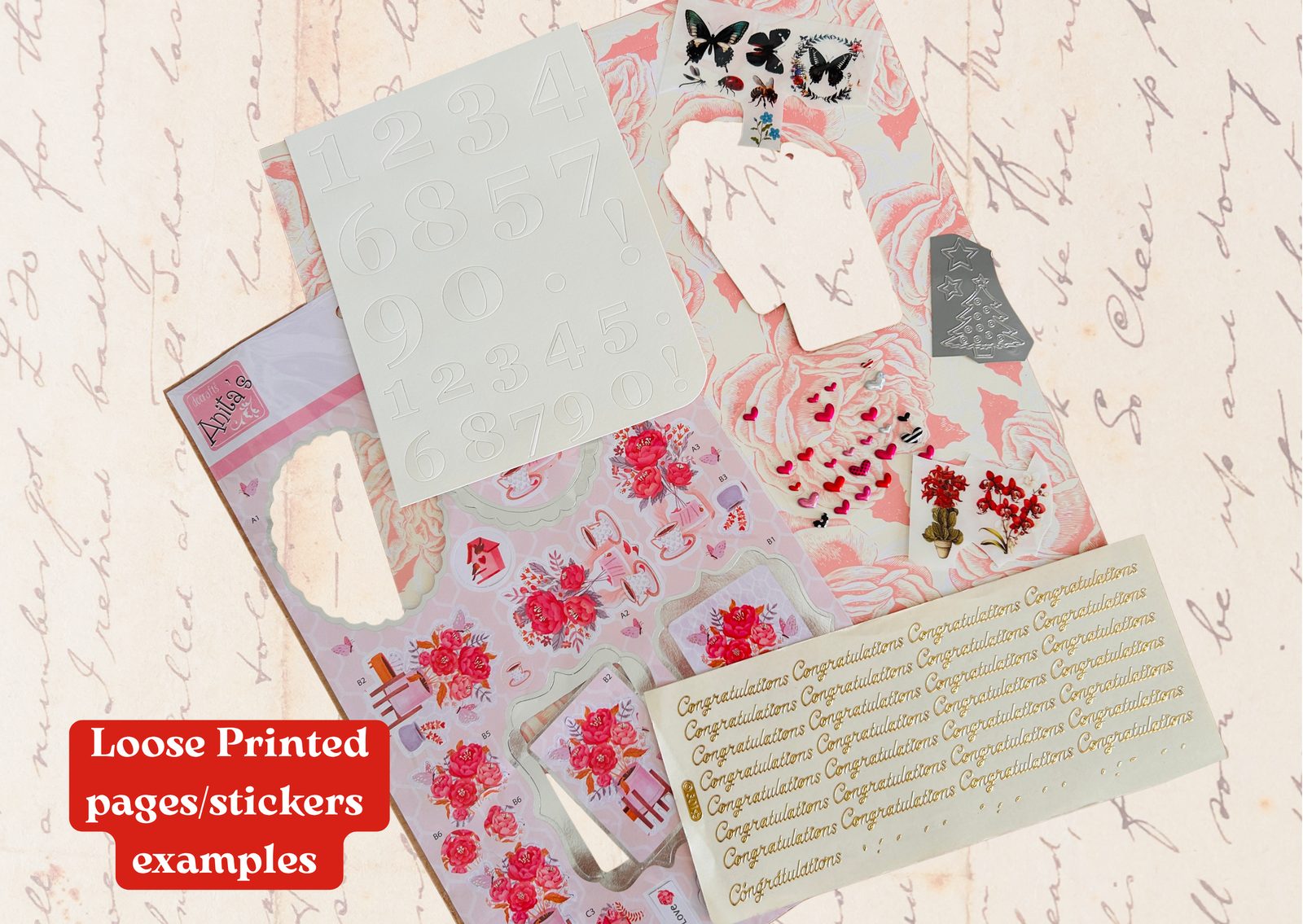 Loose printed pages and stickers — florals, numbers and gold congratulations
