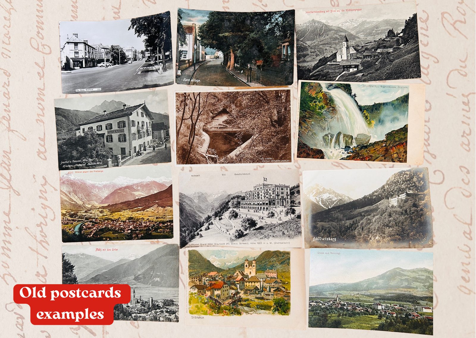 Old Alpine postcards from Swiss and Austrian villages