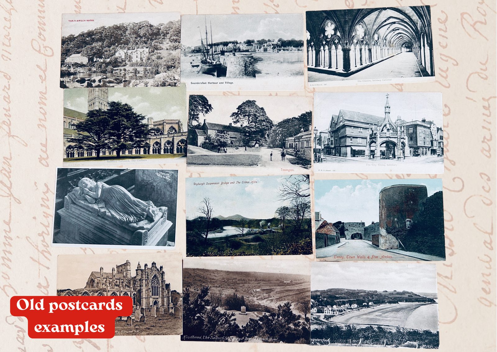 Old British postcards — Salisbury cathedral, Tenby town walls and country views
