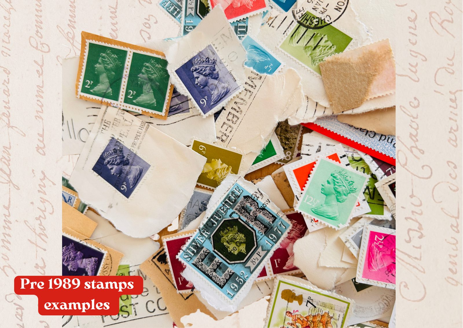 Close-up of pre-1989 stamps including 1977 Silver Jubilee