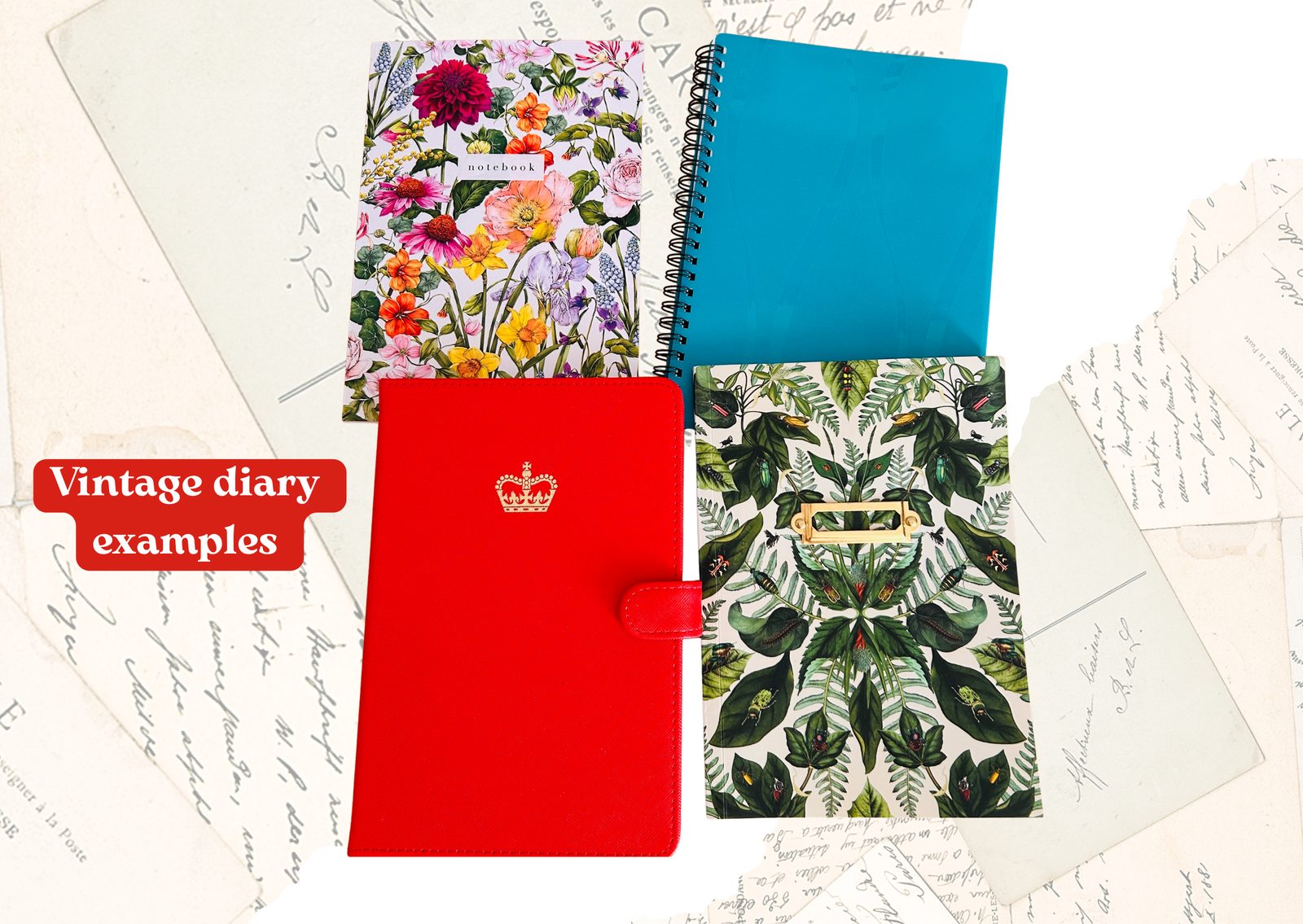 Unused vintage diaries and notebooks — floral, red, and botanical covers