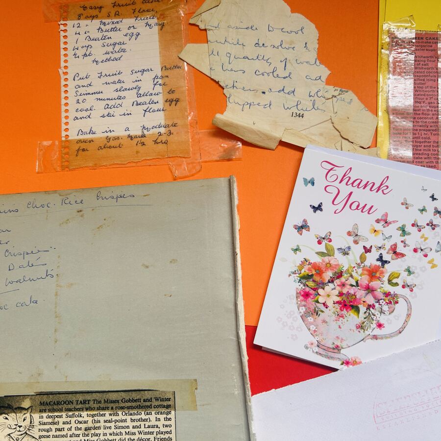 Handwritten recipe cards, vintage clippings and a thank-you card
