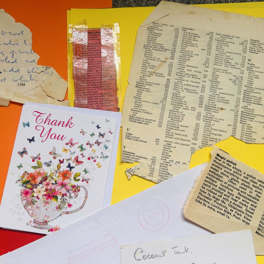 Old recipe cards and a thank-you card with butterflies