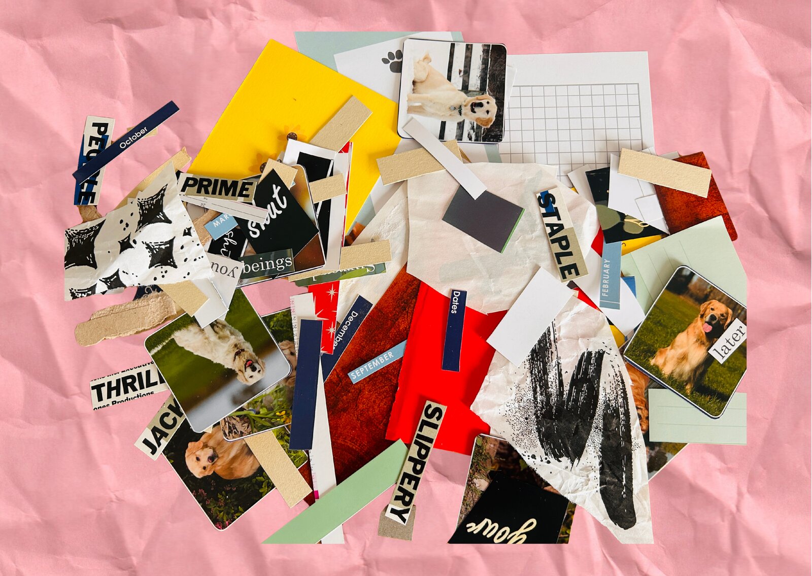 Bits & bobs &mdash; a colourful mix of cut-out letters, single words, magazine images and paper snippets scattered on pink crumpled paper