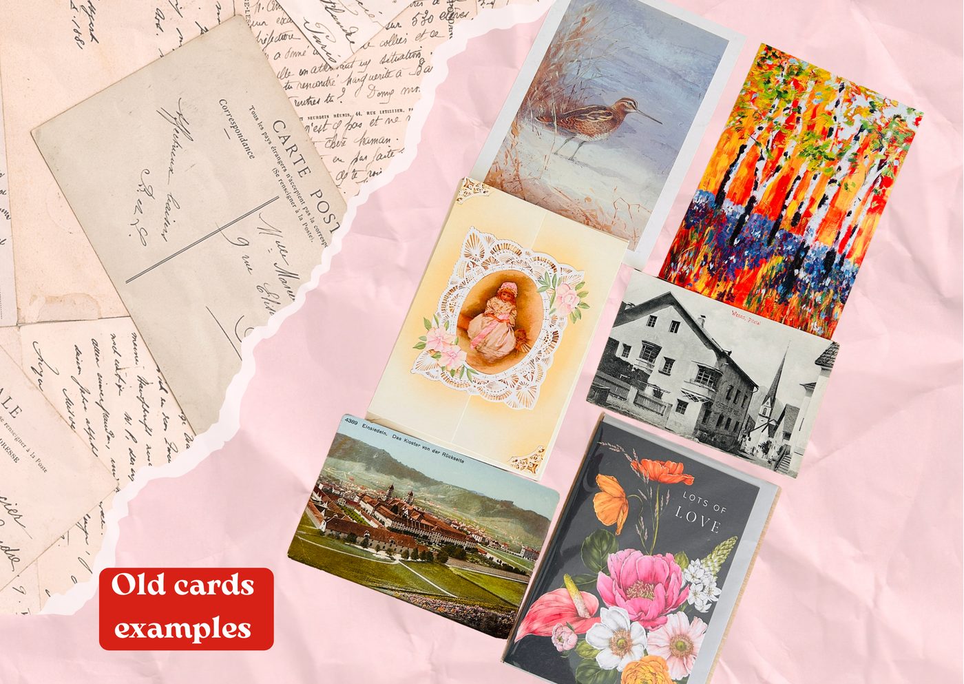 Old postcards and greeting cards &mdash; a lace-framed Edwardian baby portrait, a vintage carte postale, a snipe illustration and floral cards laid over handwritten letters