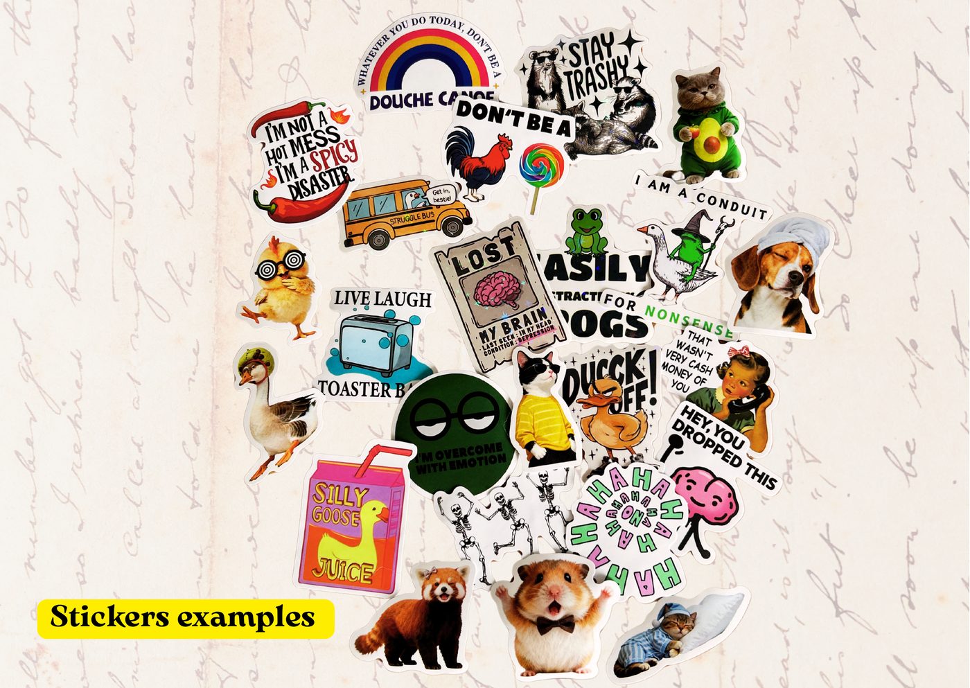 New stickers &mdash; a playful mix of animals, brains, ducks, hamsters and hand-drawn sayings arranged on a page of vintage handwriting