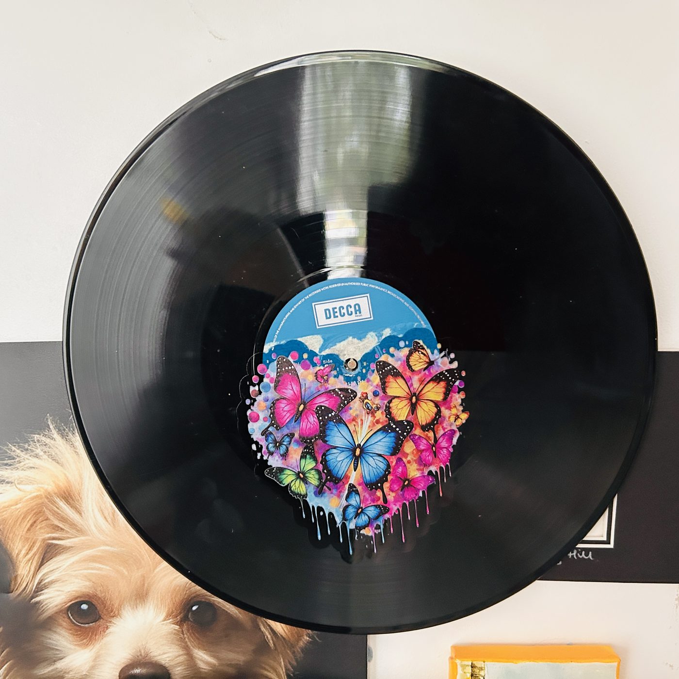 An old vinyl record given a second life with a hand-painted butterfly collage over its centre label
